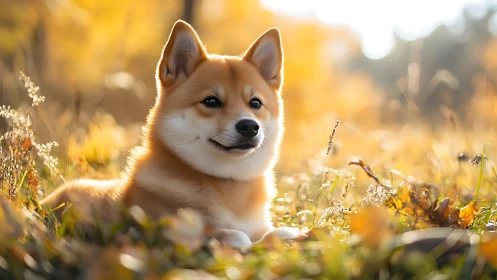 Shiba inu in shallow-depth autumn field under warm bokeh light.