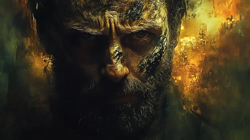 War-torn gaze carves molten light through painted shadows