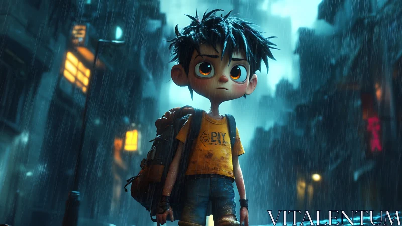 Cinematic 3D character study in neon-soaked rainy alleyway.