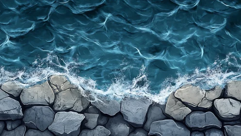 Digital depiction shows waves breaking against coastal rocks