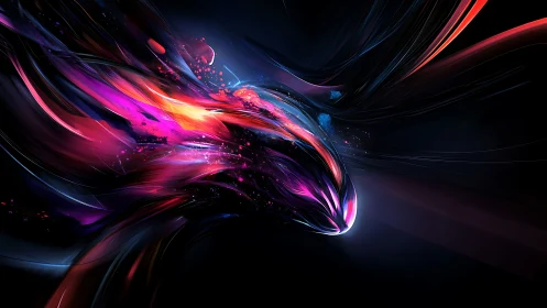 Luminous neon energy stream arcs through dark abstract void