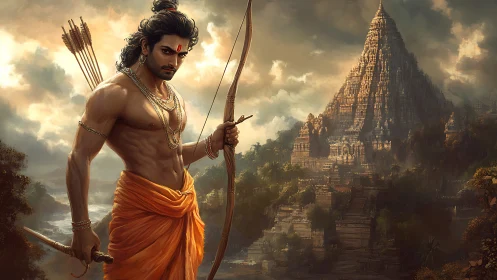 Warrior prince stands guard before mythic temple citadel.