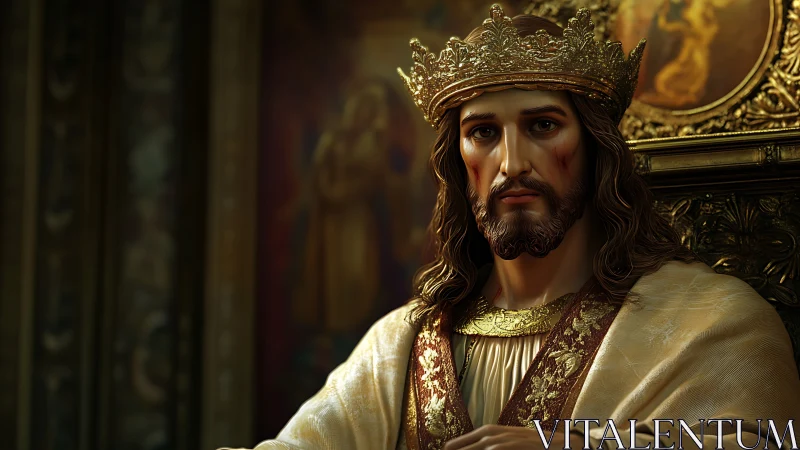 Regal monarch portrait with gilded crown and baroque throne.