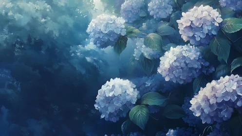 Hydrangea inflorescences in atmospheric blue depth rendering.