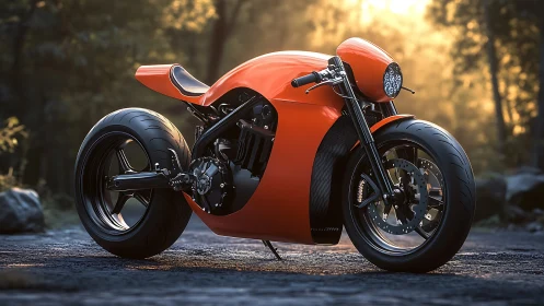 Streamlined orange custom motorcycle on forest road at dusk.