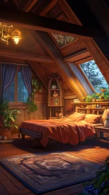 Cozy attic bedroom glowing with plants and gentle sunset light.