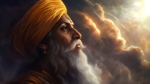 Mystic elder in golden turban gazes toward celestial light.