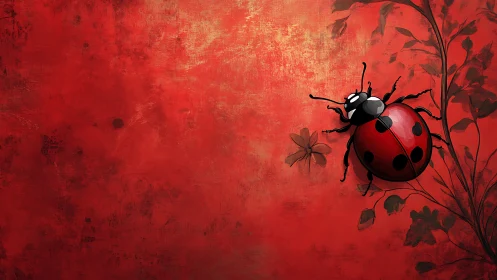 Ladybug on stylized foliage against textured red ground