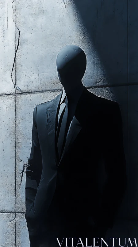 Faceless suited figure stands in harsh concrete shadowed light.