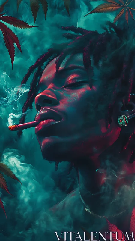 Neon lit portrait of relaxed smoker in dense teal smoke field