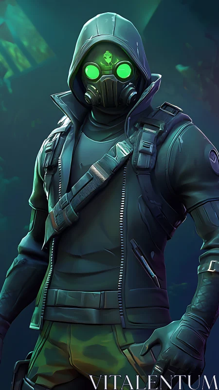 Hooded cyber operative stands in neon gas mask and gear