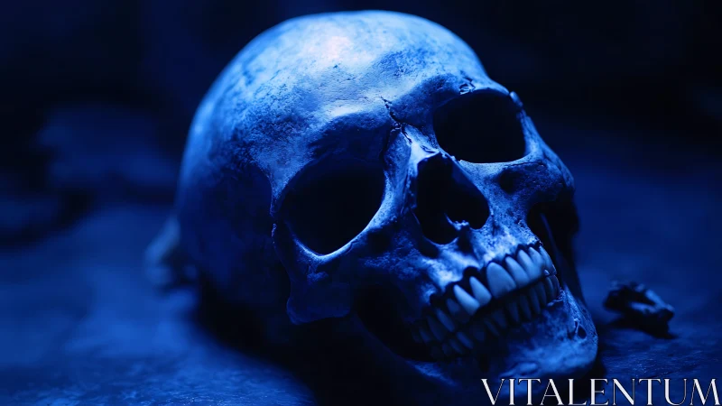 Monochromatic blue cranial specimen under dramatic raking light.