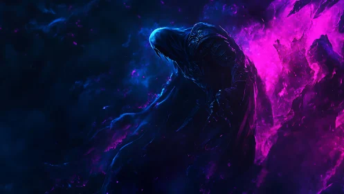 Shrouded specter emerges from vivid cosmic void.