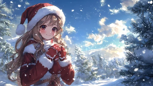 Girl in red winter clothing stands in a snowy conifer forest