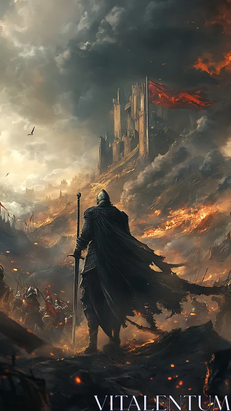 Black-armored warlord surveys burning siege-scarred citadel.