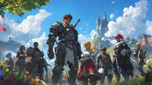 Multi-hero fantasy vanguard in ornate plate under citadel sky.