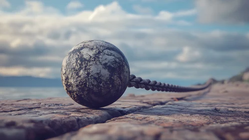 Weathered stone sphere anchors braided shoreline cable.