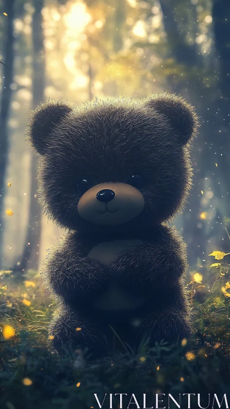 Fluffy baby bear in glowing forest bokeh environment.