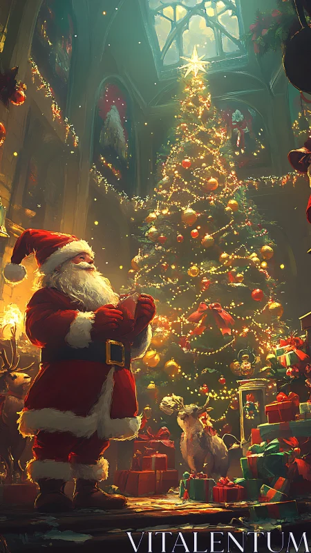 Santa pauses in cathedral glow beneath a towering Christmas tree.