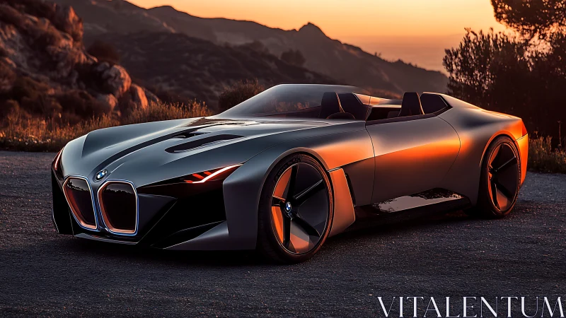 Low-slung metallic BMW concept roadster under warm sunset lighting