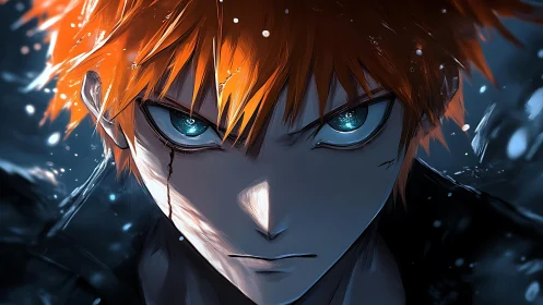 Fiery-haired warrior glares with icy eyes in stormlight.