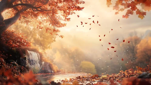 Autumn waterfall glows softly in golden forest light