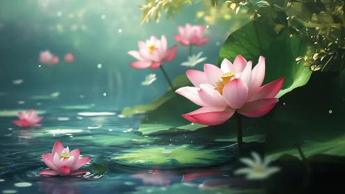 Lotus-lantern lagoon in hush-soft morning light.