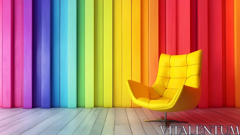 Yellow lounge chair stands before vertical rainbow wall