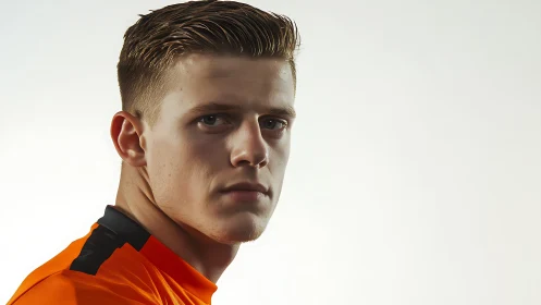 Studio portrait of male athlete in orange jersey profile.