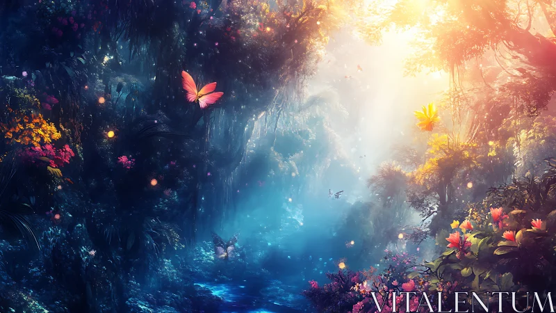 Enchanted forest glows as radiant butterflies drift through light