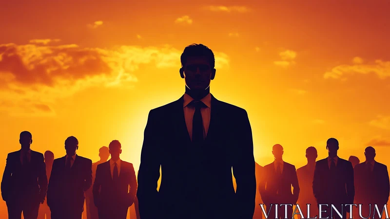 Silhouettes of Power: Leader Stands Illuminated Among Corporate Titans.