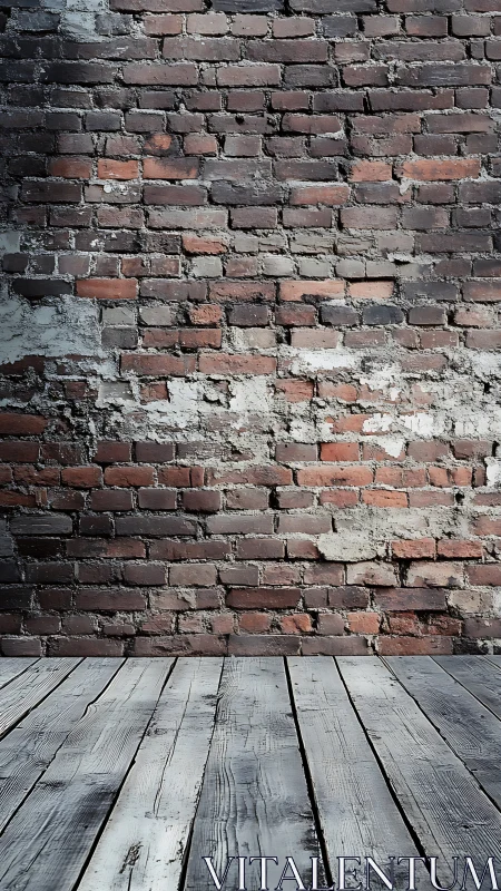 Weathered brick wall with rustic wooden floor backdrop.