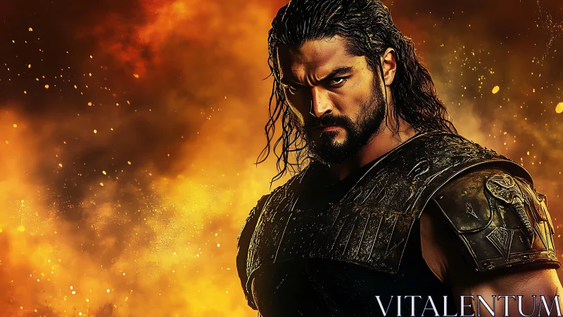 Battle-hardened warrior in bronze armor amid fiery embers.