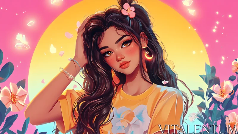 Sunlit girl in bloom surrounded by soft pastel magic.