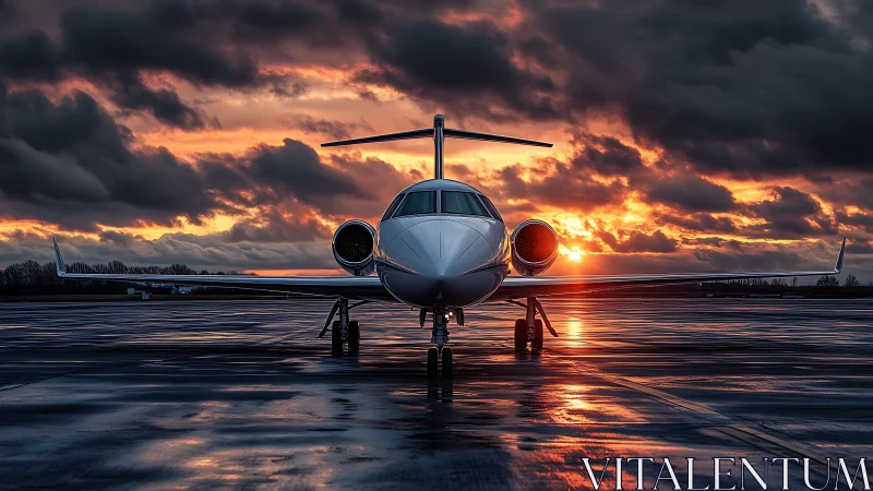 Sunset jet welcomes twilight travelers on a glowing runway