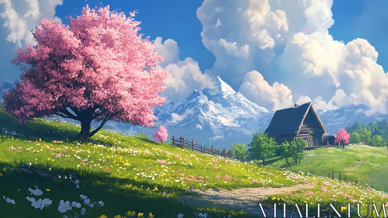 Blossom-lit mountain meadow cradling a quiet wooden cottage.