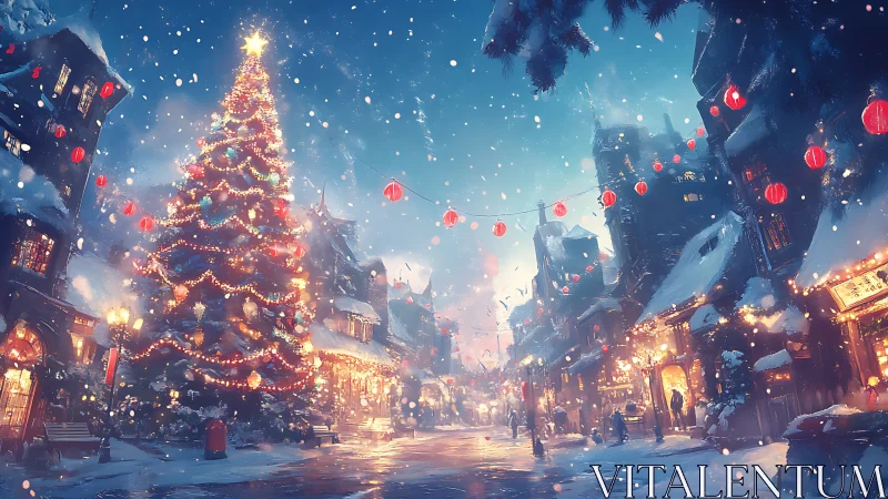 Cozy winter street glowing with a magical Christmas tree.