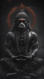 Monochrome simian deity in meditative pose with ornate halo ring