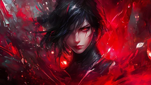 Crimson-spectrum digital portrait of spectral red-eyed warrior.