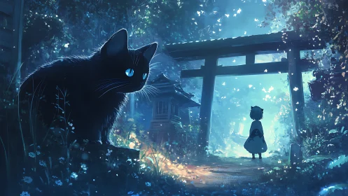 Bioluminescent forest gateway with black cat in anime night