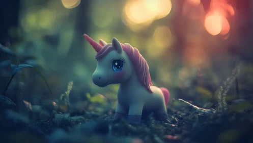Tiny pastel unicorn waiting in a dreamy forest glow.