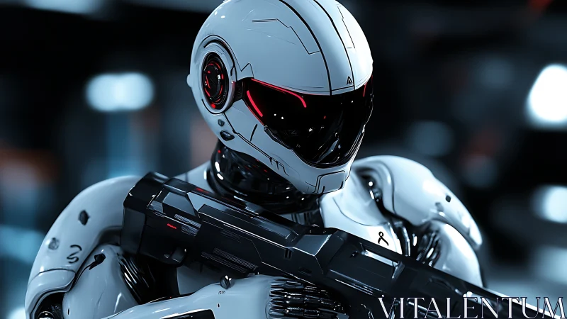 Chrome sentinel with red visor guarding a neon hush future.