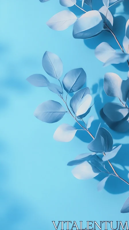 Minimal blue foliage against bright cyan background.