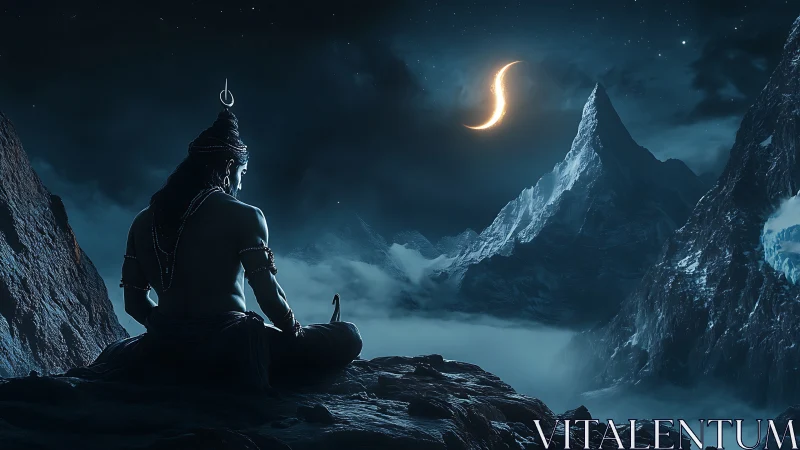 Meditating deity overlooks crescent moon above icy peaks