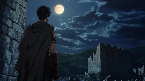 Lone warrior studies moonlit ruins under brooding sky.