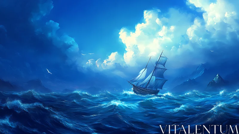 Sunlit blue sailing ship riding bright, rolling ocean waves.