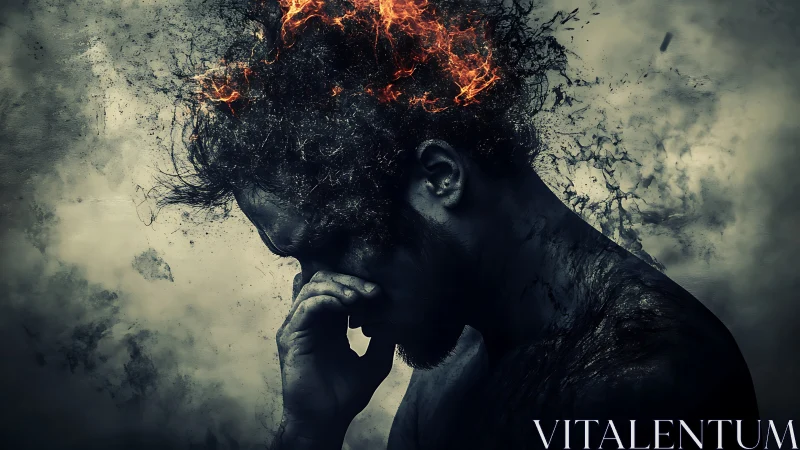 Side profile of male figure with burning fragmented head.