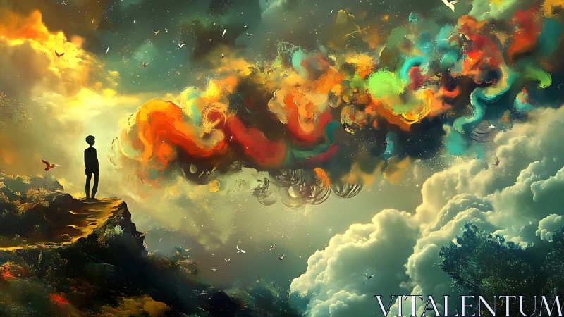 Solitary child on cliff observing luminous chromatic cloudscape