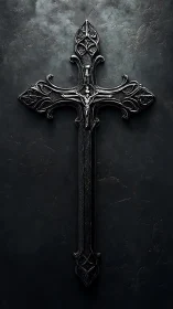 Gothic metallic crucifix with high-relief filigree detailing.