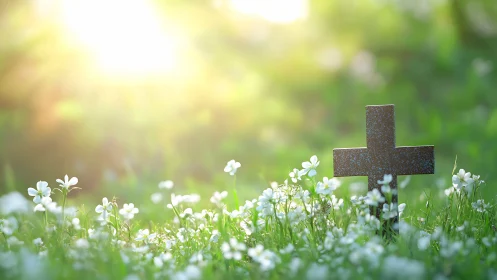Rustic cross in sunlit meadow of white wildflowers at dawn.